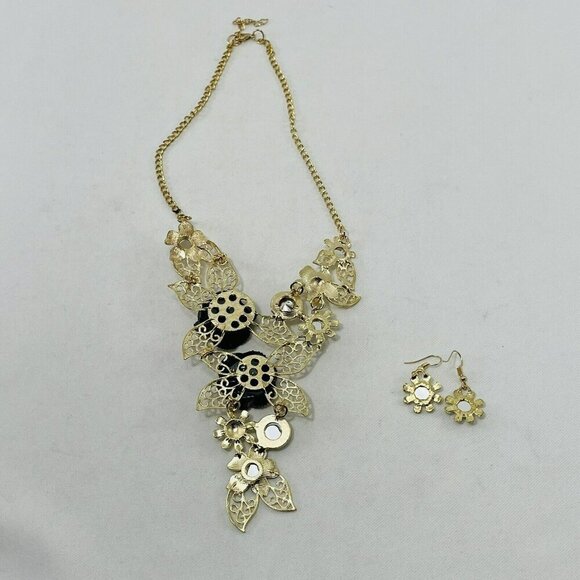 Rose Flower Necklace Earrings Matching Set Statement Gold Tone Chunky Retro Big - Picture 2 of 12